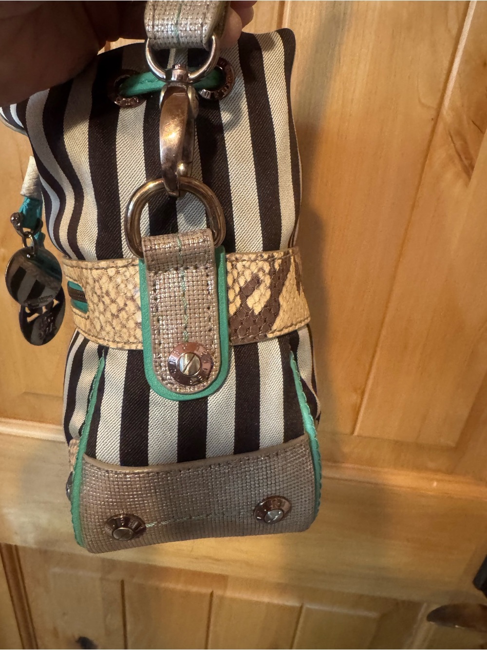 Henri Bendel Black & Silver stripes with Snake accents, turquoise trim Crossbody - Picture 3 of 11